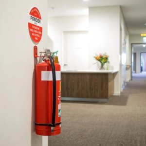 Fire extinguisher setup at industrial facility